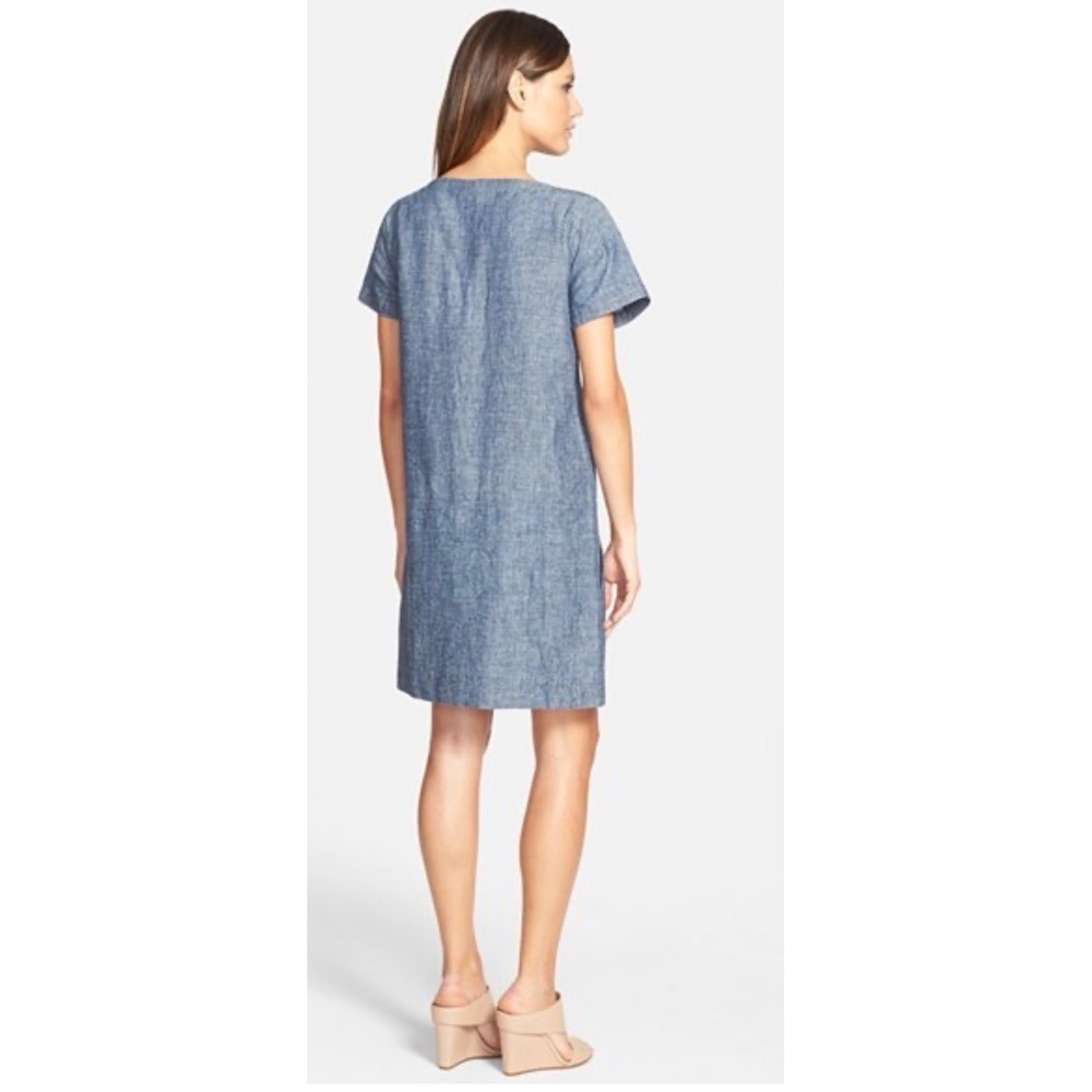 Eileen Fisher Chambray Shift Dress Size A Medium Large Blue Cotton Relaxed Fit